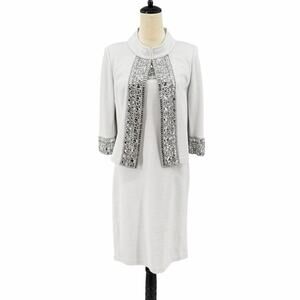 St. John Couture Lght Gray Rhinestone 2 Piece Wool Blend Knit Cardigan Dress Set